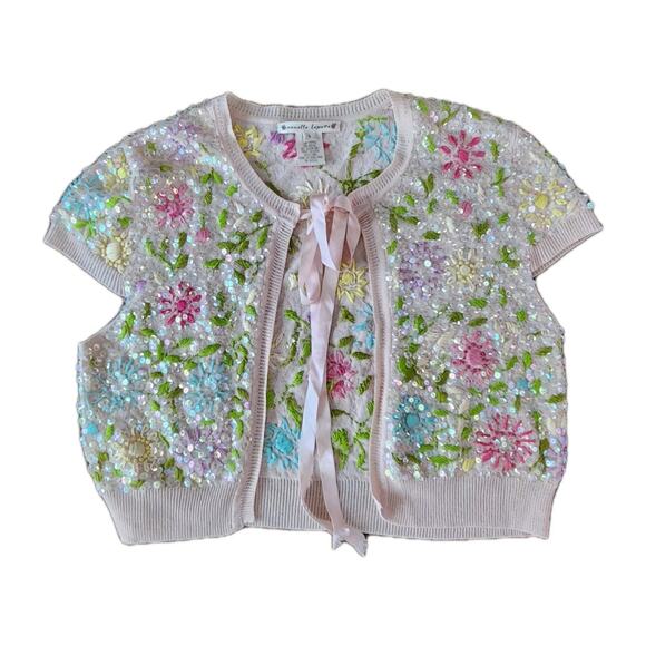 Nanette Lepore Vtg Beaded Embellished Baby Pink Cardigan Shrug With Ribbon Tie S - Picture 1 of 8